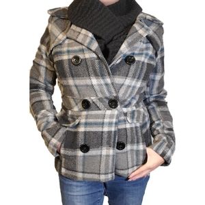 Plaid Peacoat - Gray with Teal - Size Small
